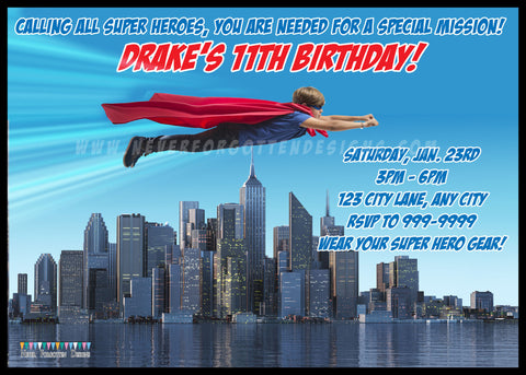 Flying Super Hero Invitation Design - Never Forgotten Designs